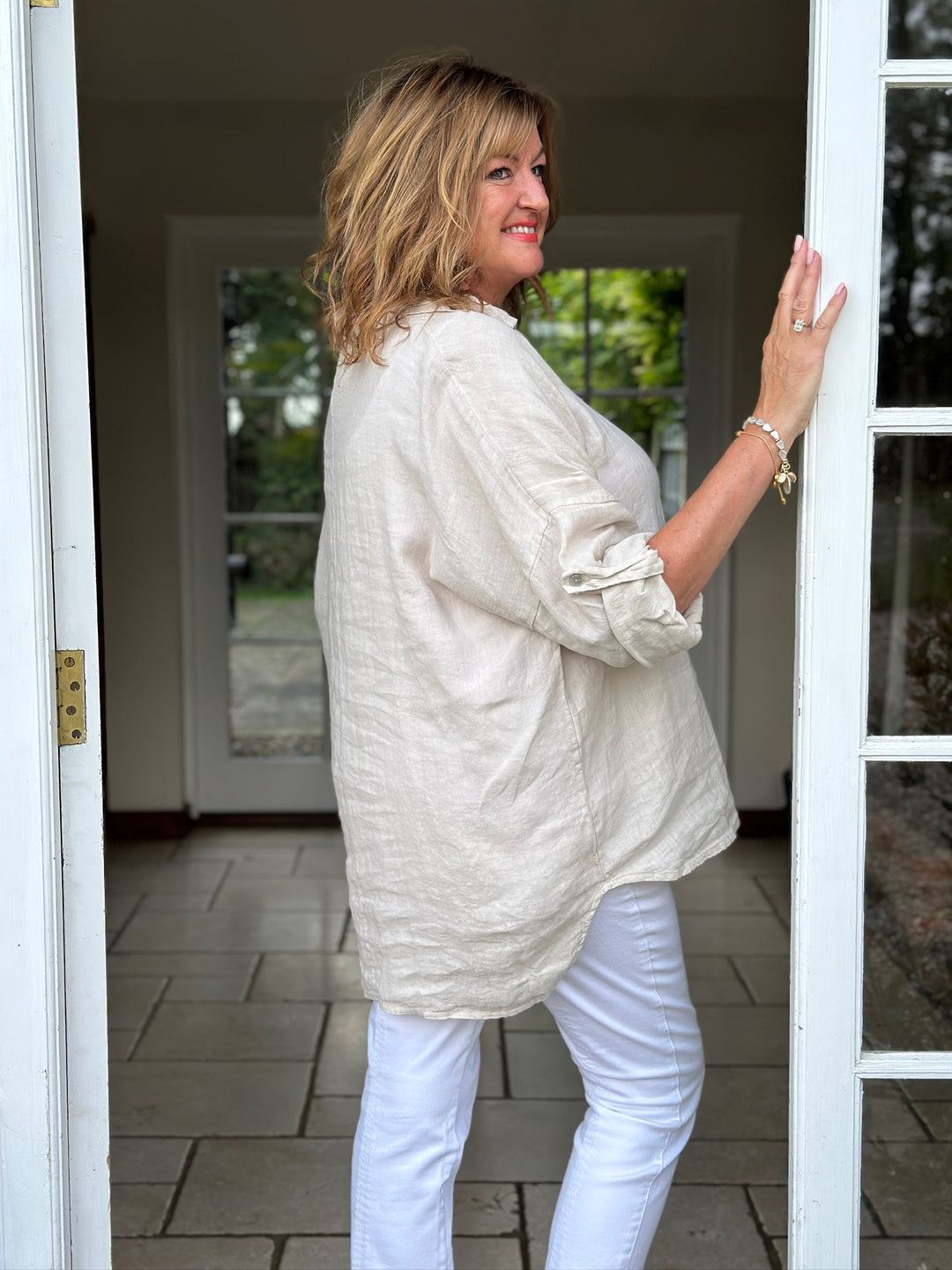 Linen Double Button Top | Beige