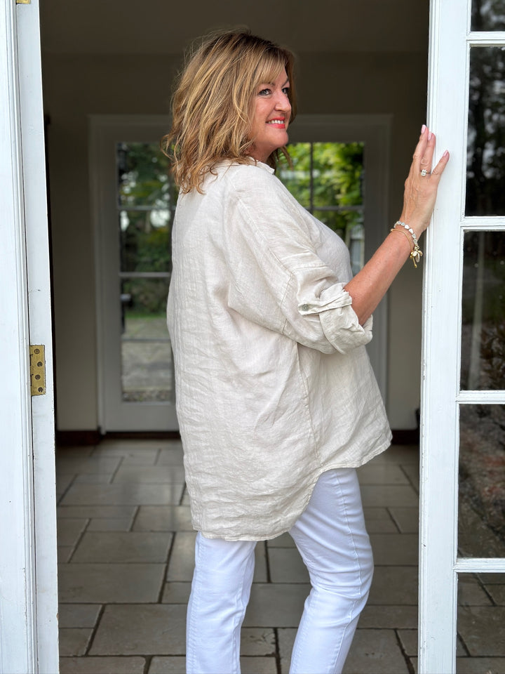 Linen Double Button Top | Beige