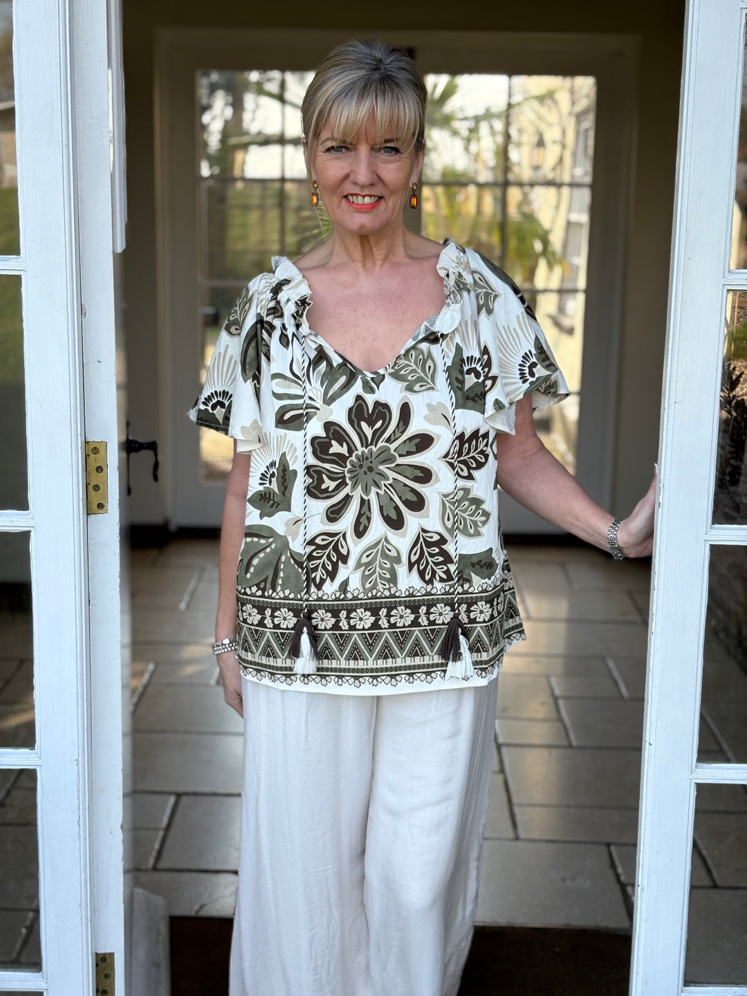 Botanical Print Ruffle Top - Malissa J | Khaki