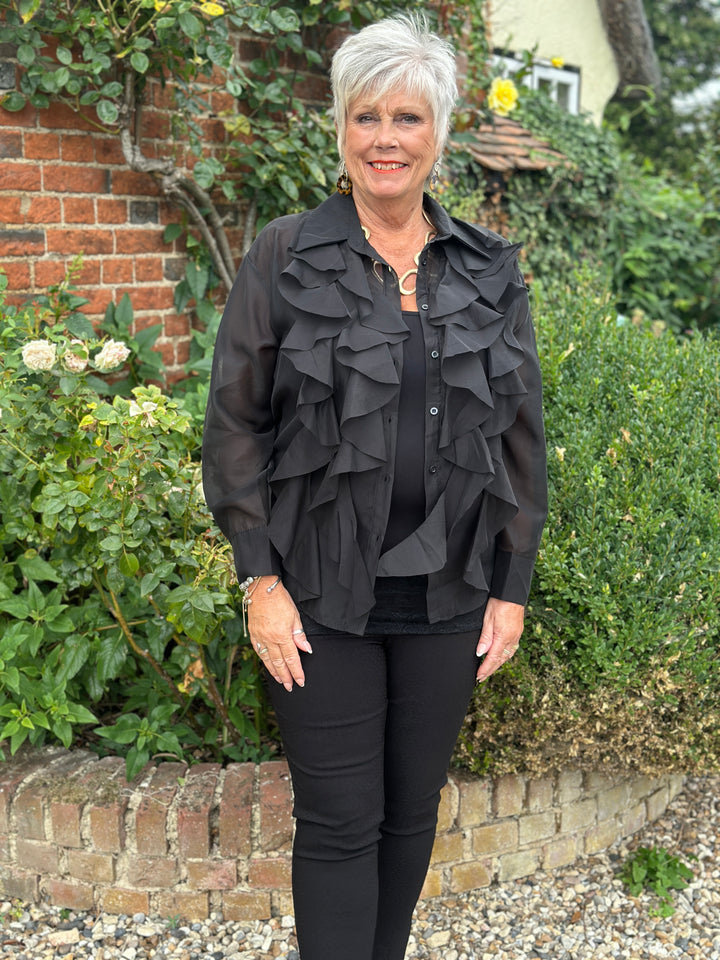 Ruffle Detail Sheer Button Blouse | Black