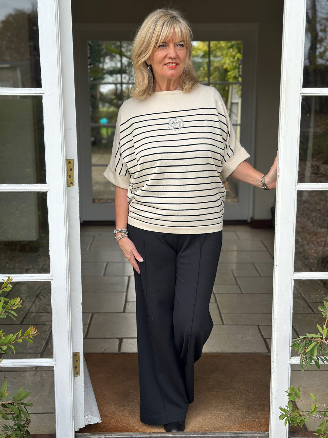 Embellished Flower Stripe Detail Top | Beige