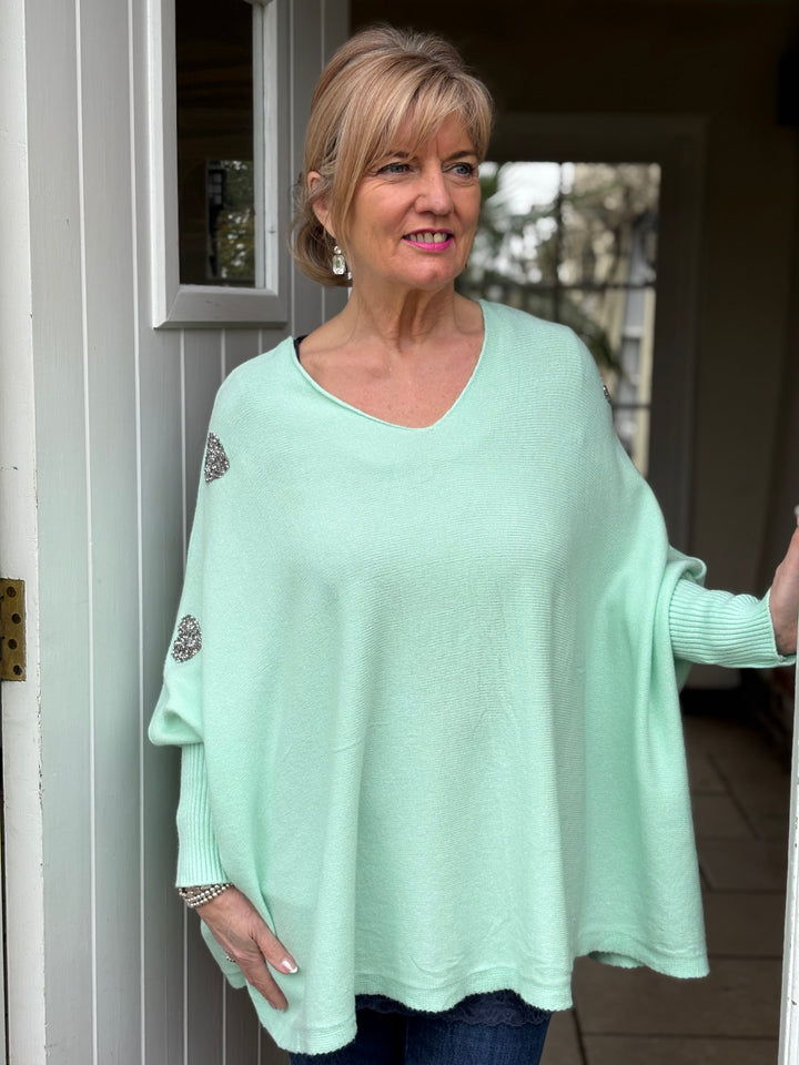 Embellished Heart Sleeve Soft Knit Top | Mint
