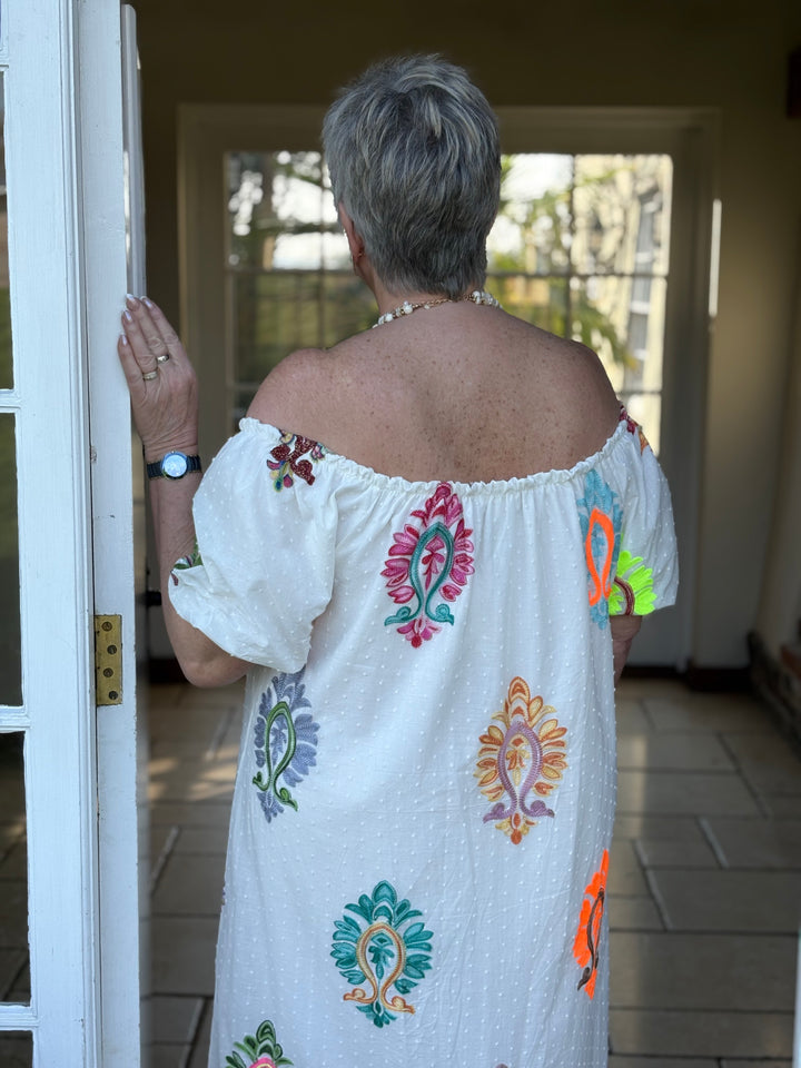 Embroidered Bardot Dress - Malissa J | White