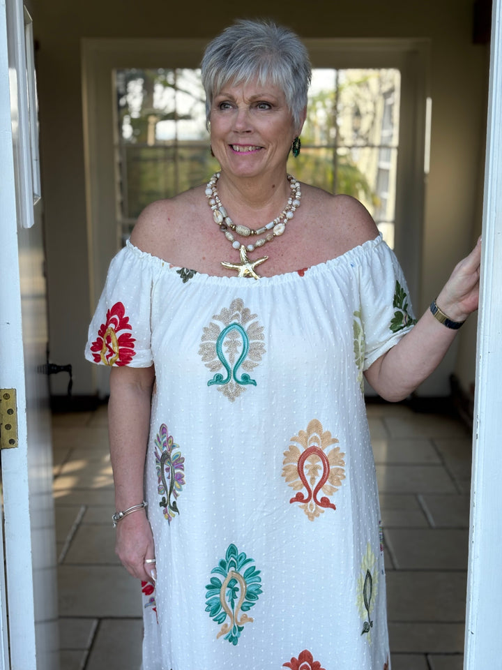 Embroidered Bardot Dress - Malissa J | White