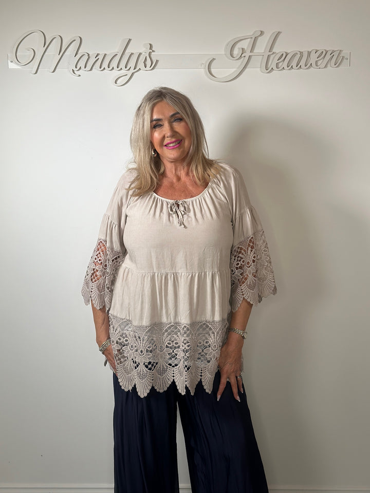 Floaty Crochet Detail Blouse | Taupe