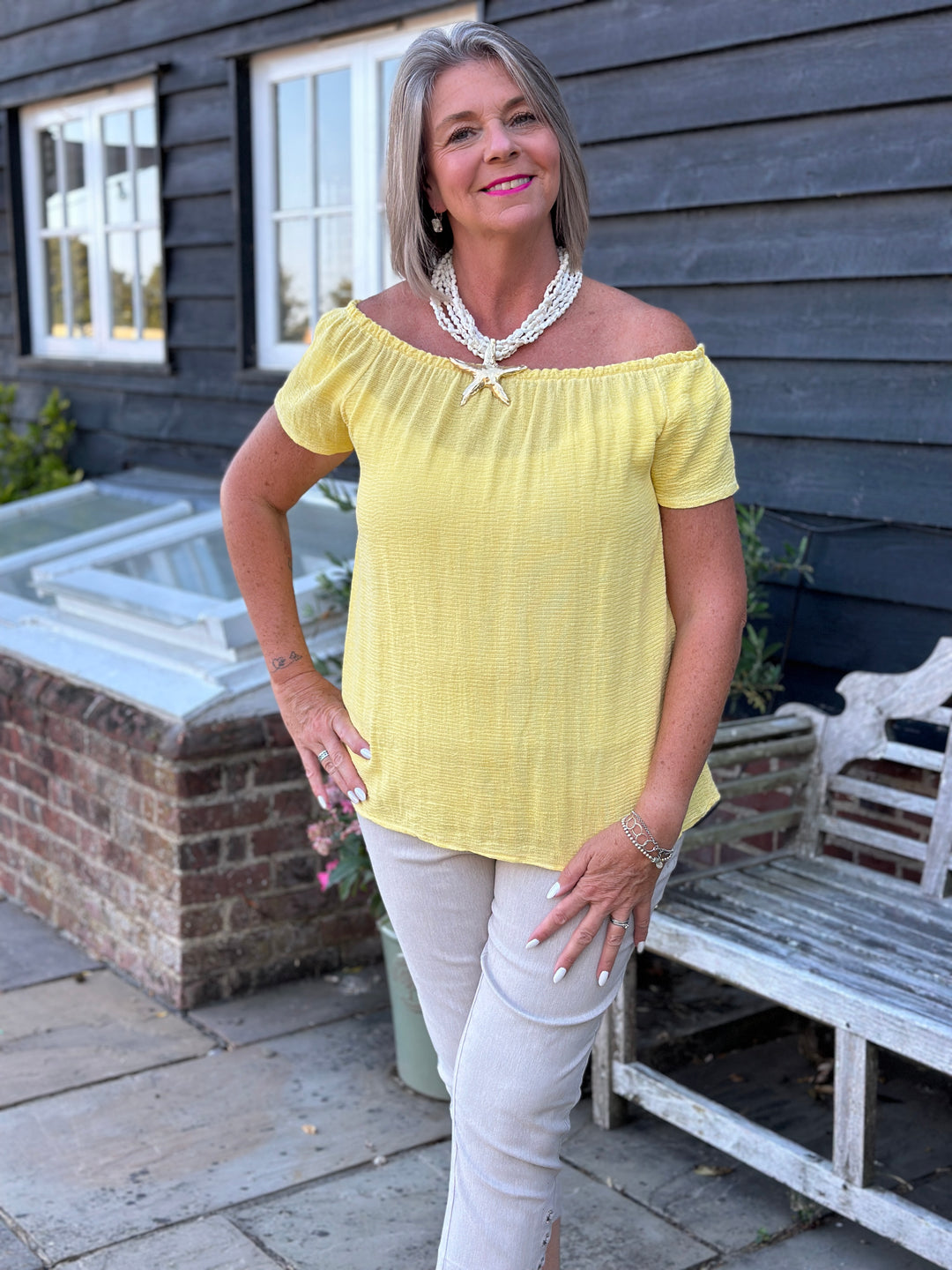 Cotton Linen Bardot Top | Lemon