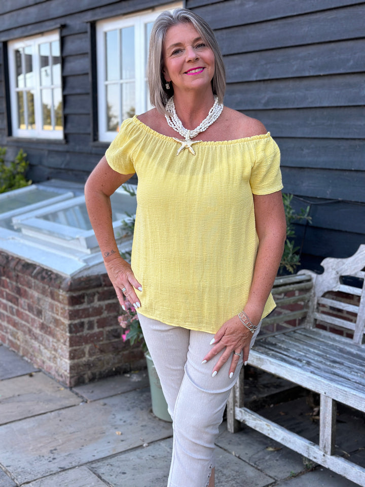 Cotton Linen Bardot Top | Lemon