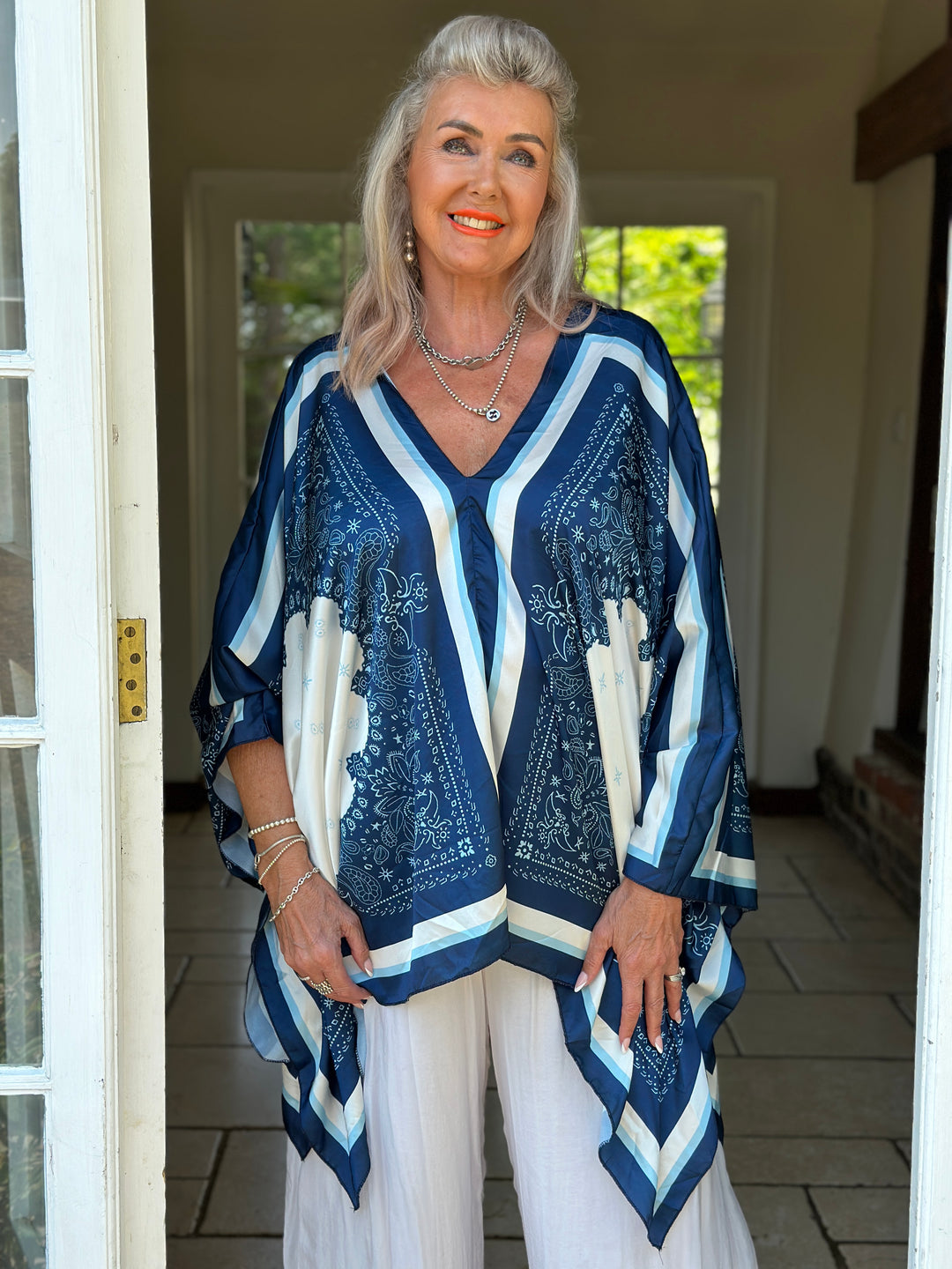 Paisley Kaftan Top | Navy & White