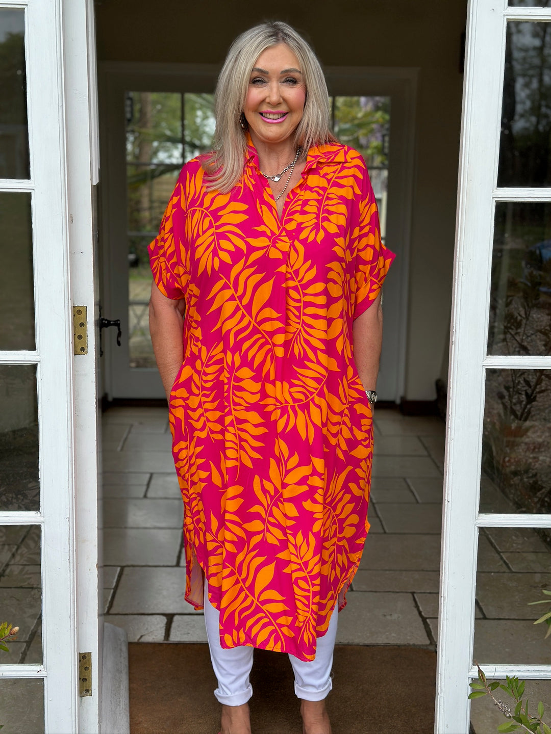 Abstract Print Tunic Dress | Fuchsia & Orange Leaf