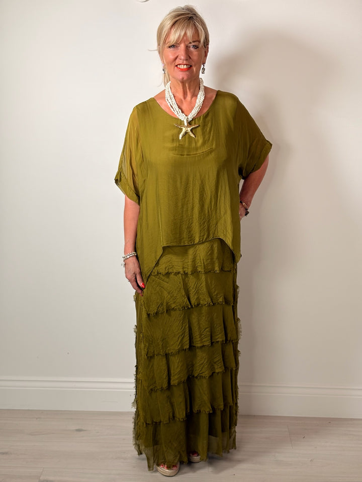 Silk Tiered Ruffle Dress | Olive