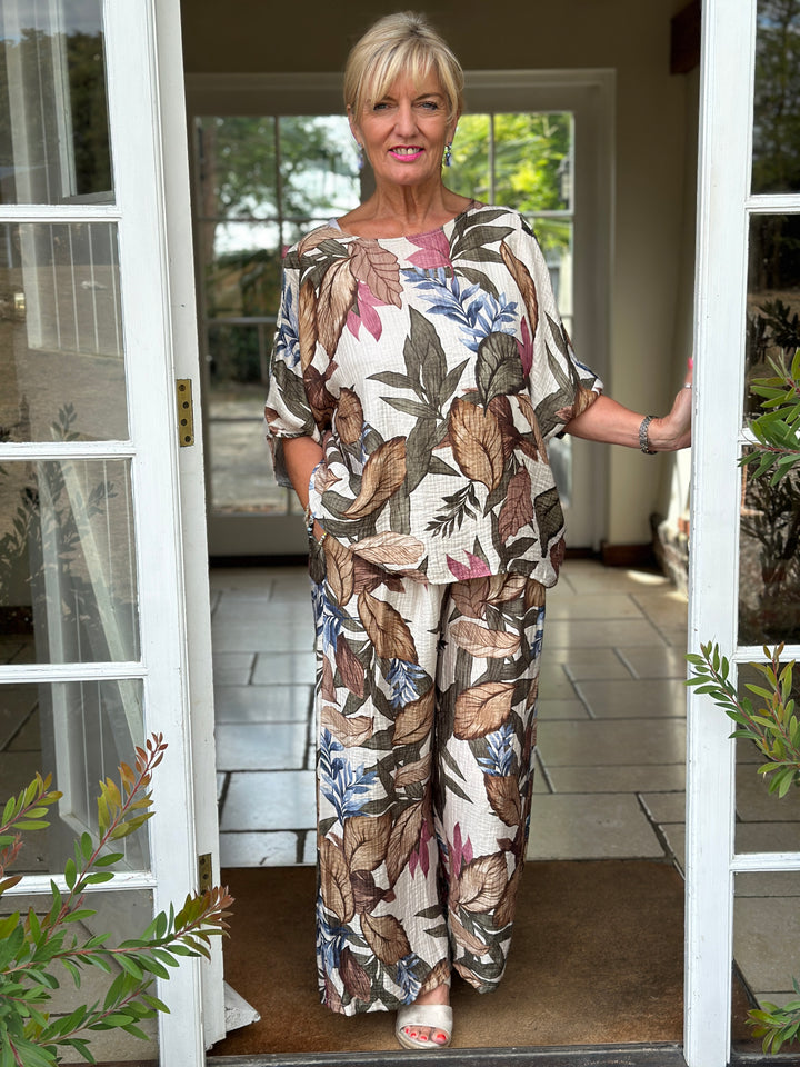 Leaf Print Cold-Shoulder Set | Khaki