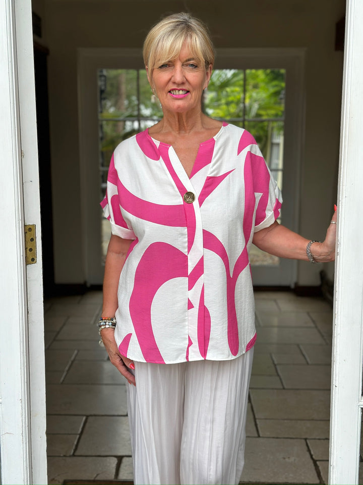 Swirl Print Button-Neck Top | Fuchsia