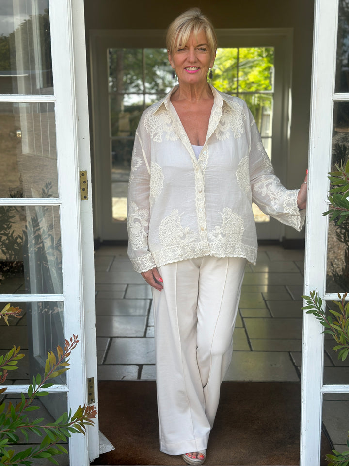 Cotton Embroidered Lace Shirt | Beige