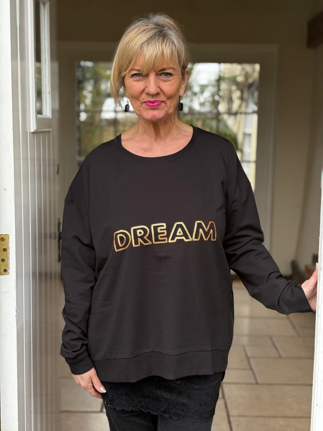 Sequin ‘DREAM' Slogan Sweatshirt | Black