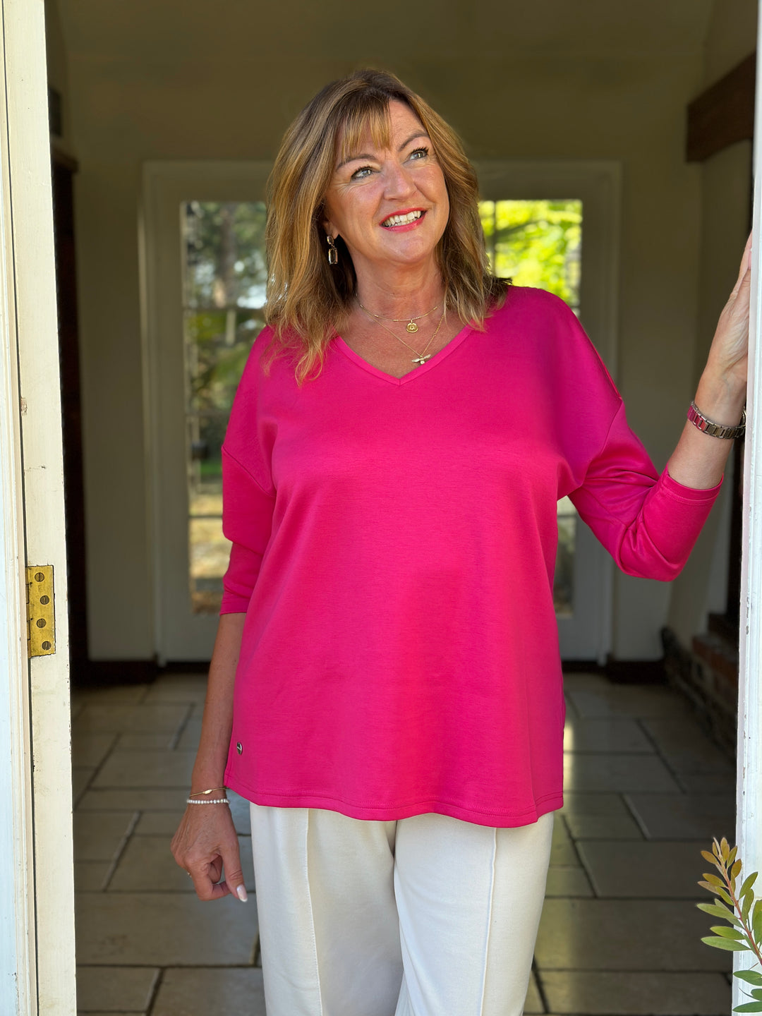 Relaxed V-Neck Long Sleeve Top - Malissa J | Fuchsia
