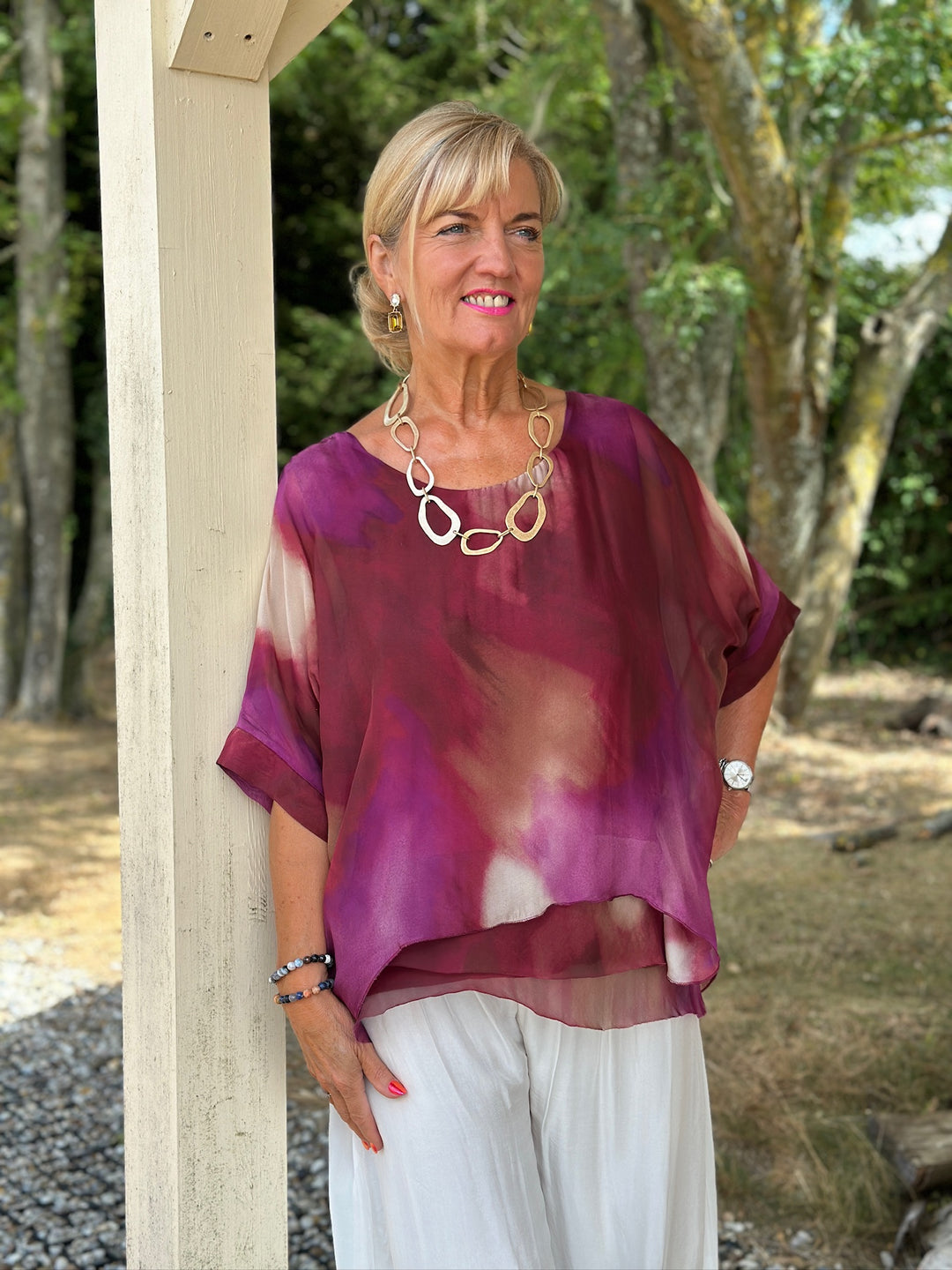 Watercolour Tiered Hem Blouse | Magenta