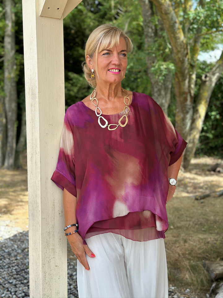Watercolour Tiered Hem Blouse | Magenta