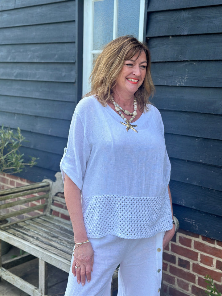 Crochet Detail Linen Top | White