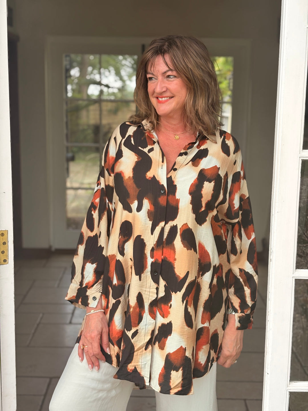 Animal Print Floaty Shirt | Beige