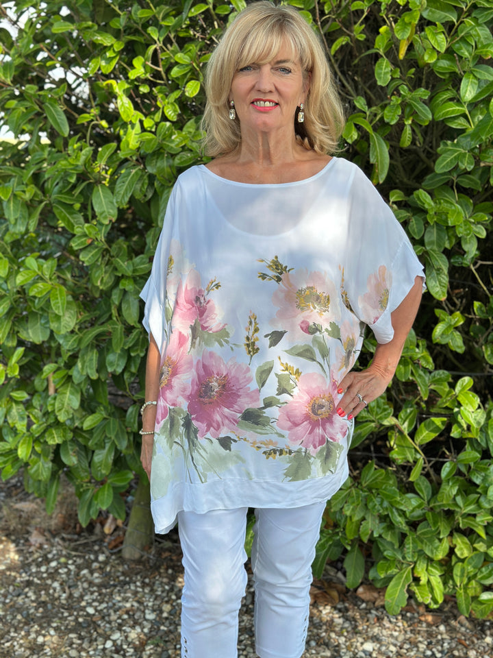Floral Soft Ovesized Top | White