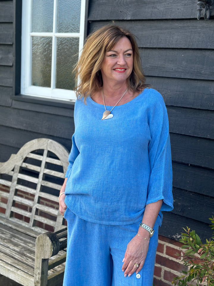 Wide Sleeve Linen Top | Denim Blue