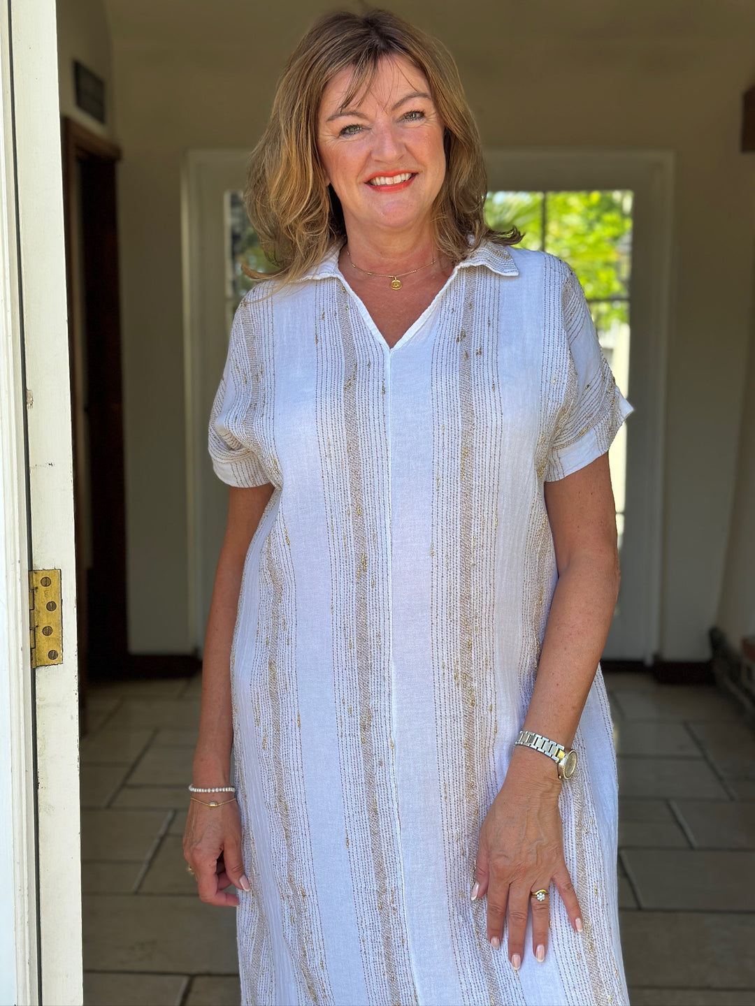Metallic Stripe Kaftan Dress | White