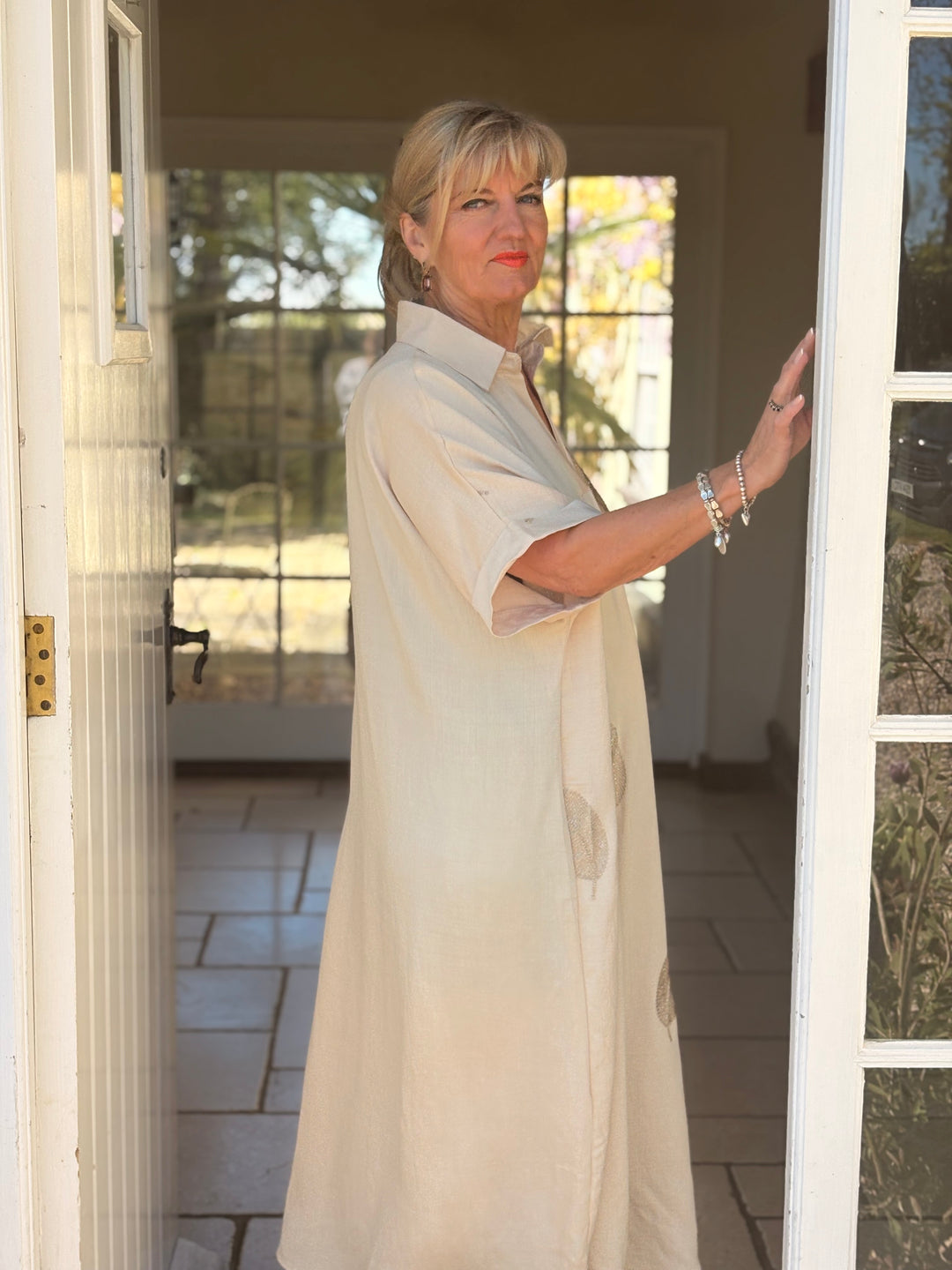 Shimmer Leaf Tunic Dress | Beige