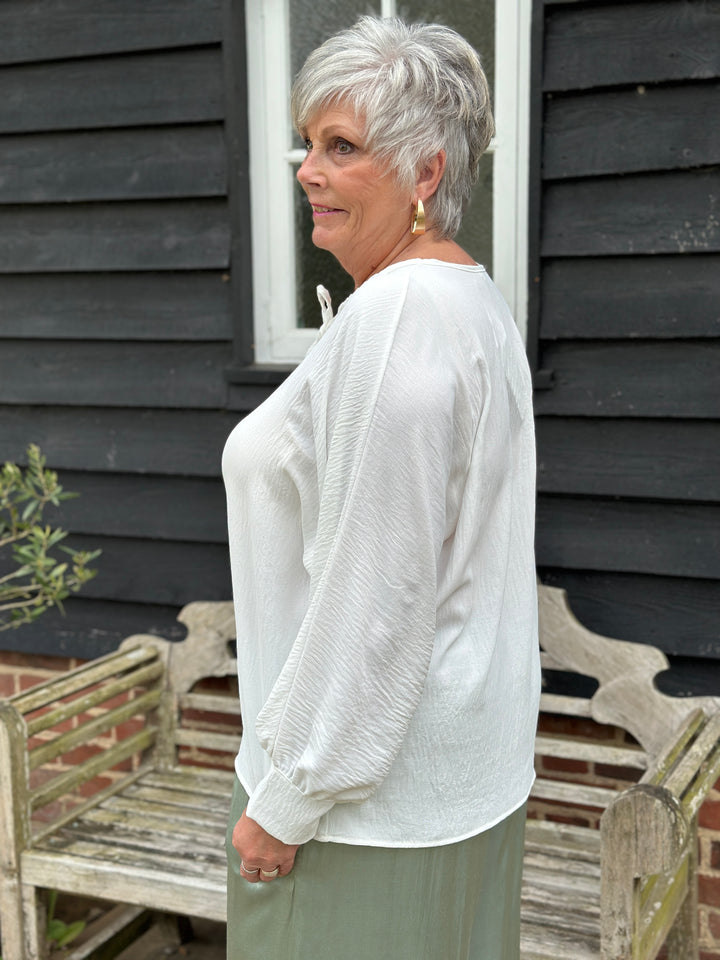 Long Sleeve Lightweight Top With Ties | White