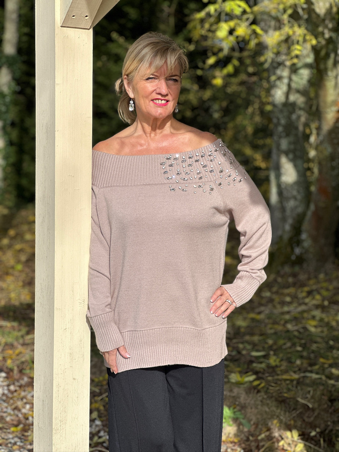 Crystal Detail Bardot Jumper - Malissa J | Taupe