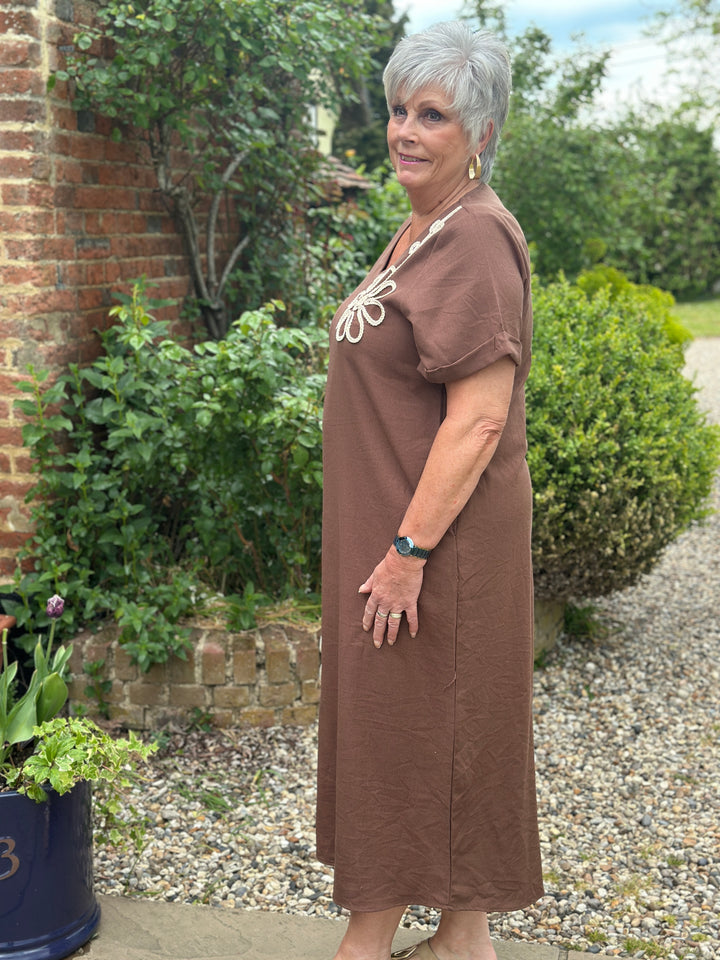 Embroidered Flower Print Tunic Dress | Chocolate