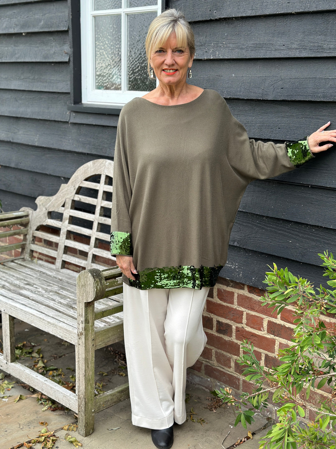 Sparkle Trim Batwing Jumper | Khaki