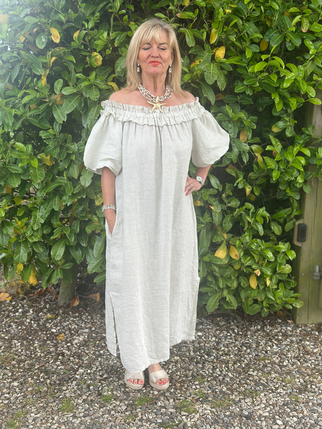 Ruffle Bardot Linen Dress | Stone