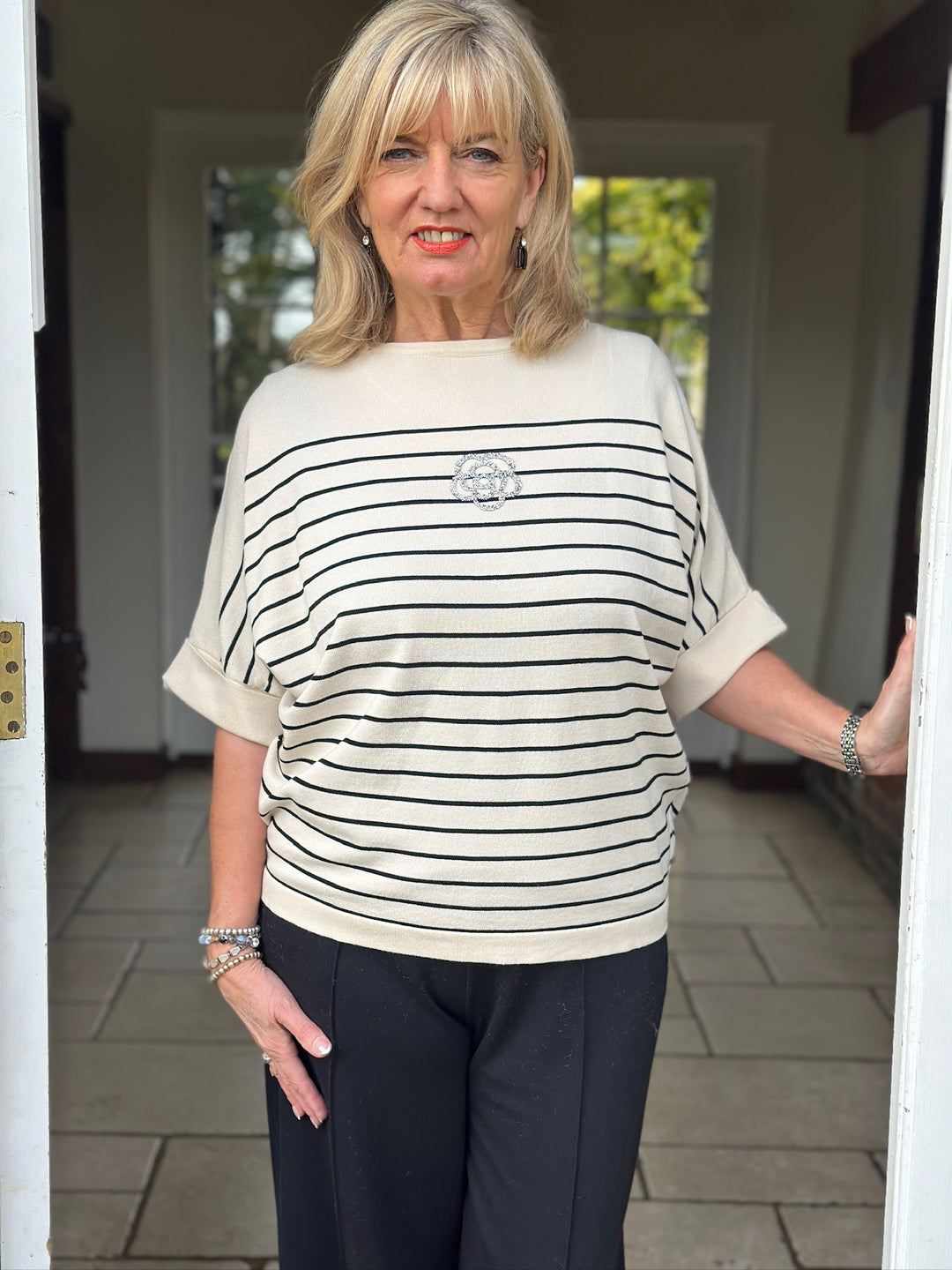 Embellished Flower Stripe Detail Top | Beige