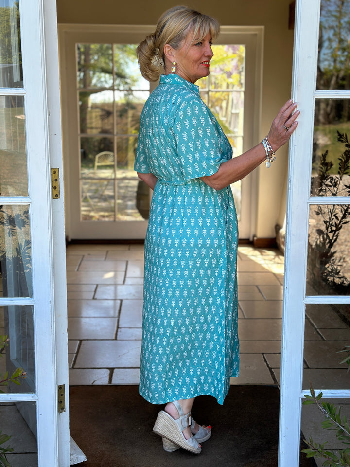 Drawstring Button Down Linen Dress DREAMS | Sea Foam