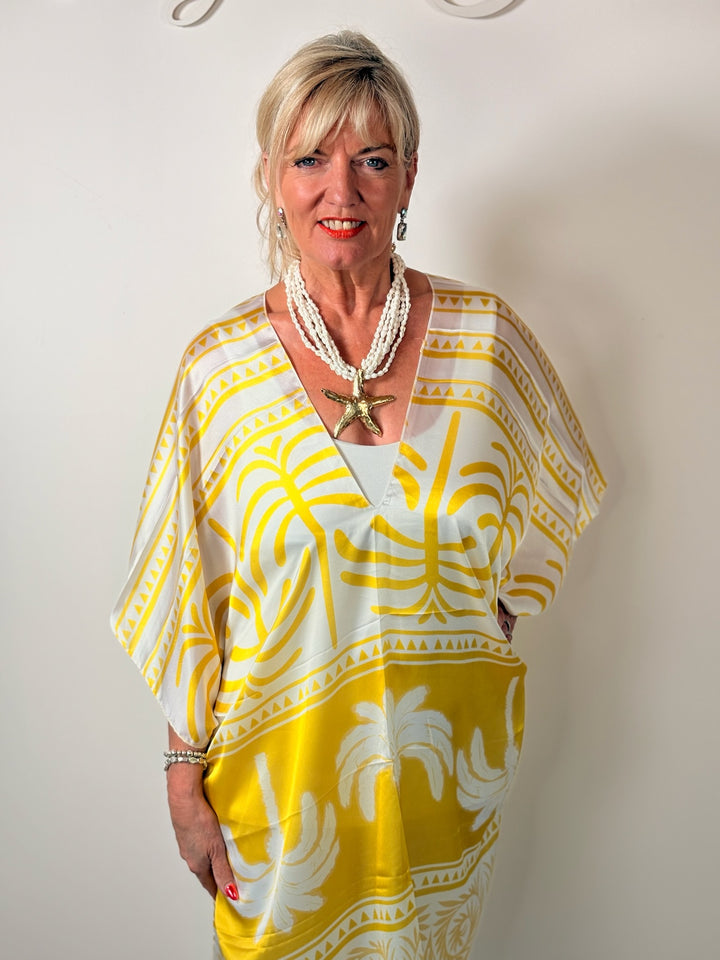 Silk-Blend Tropical Print Kaftan | Sunshine Yellow