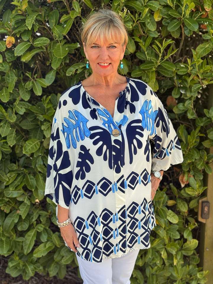 One Button Tunic Top Abstract Print | Ocean Blue