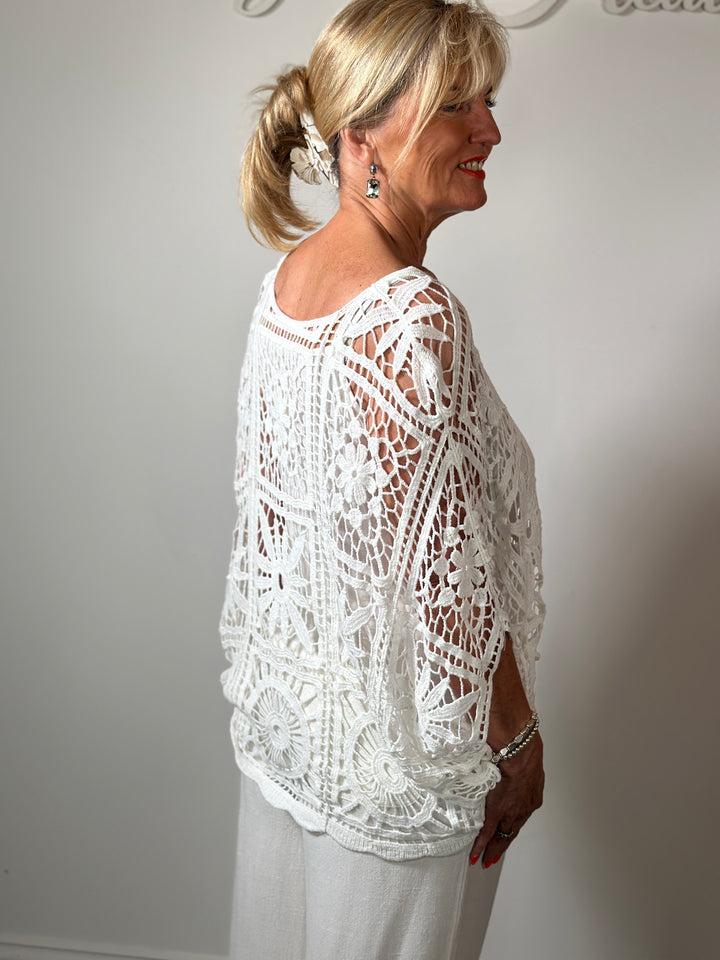 Floral Crochet Batwing Top | White