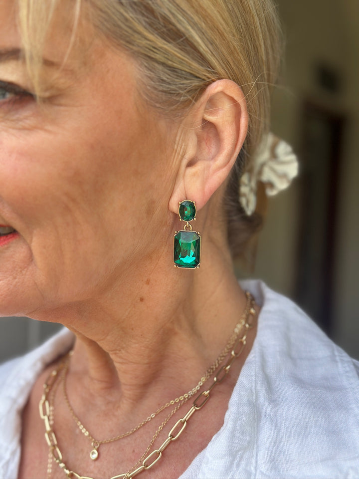 Oval & Square Gem Earrings | Emerald