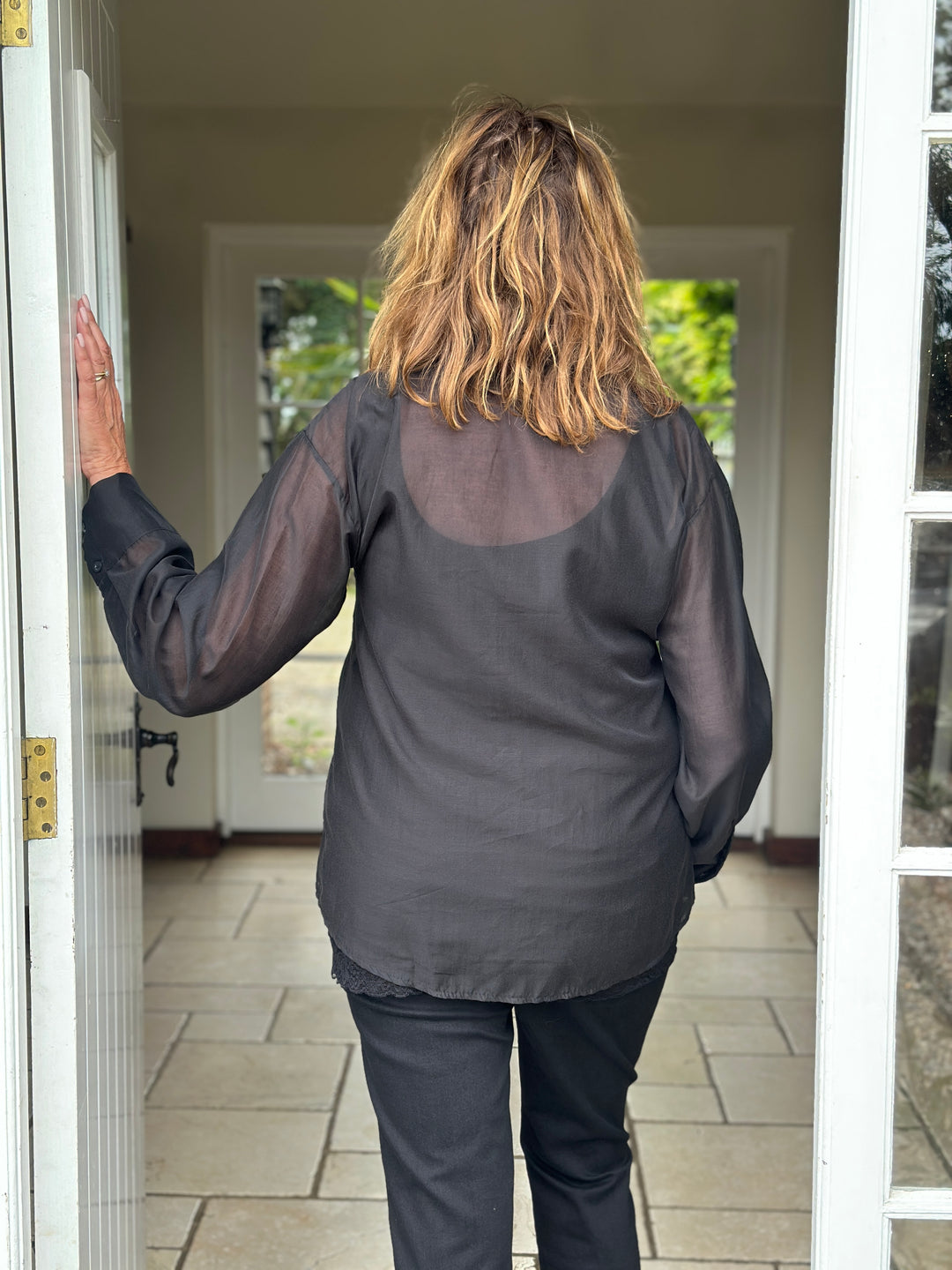 Ruffle Detail Sheer Button Blouse | Black