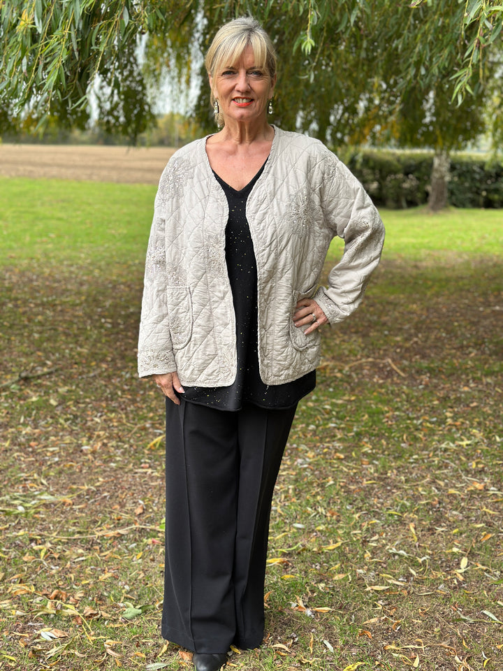 Embroidered Sequin Quilted Jacket | Stone