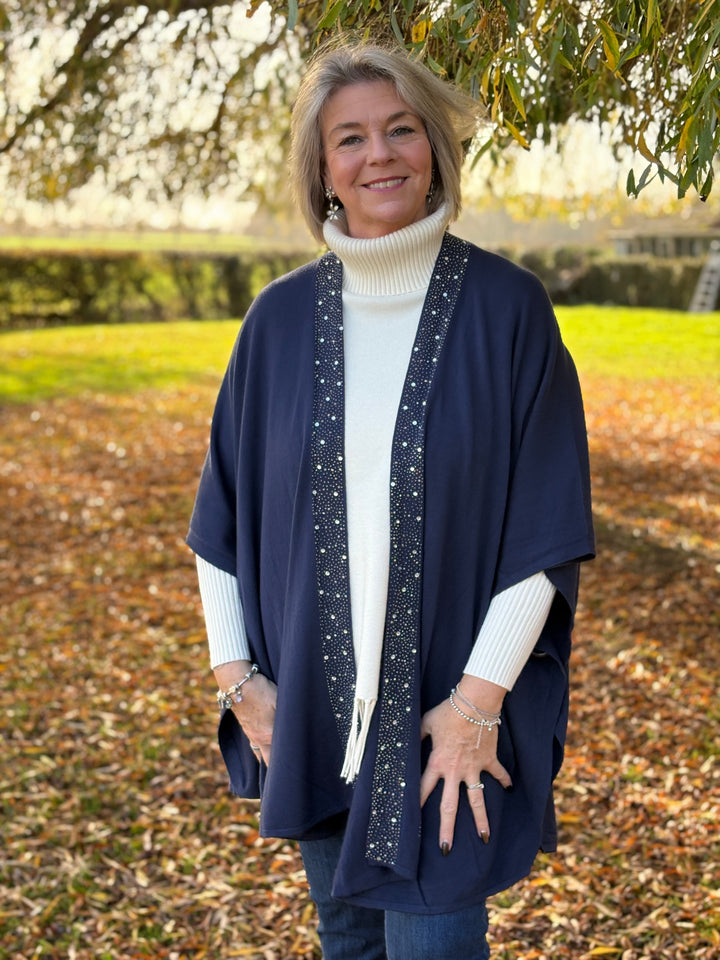 Embellished Kimono Style Cardigan | Navy