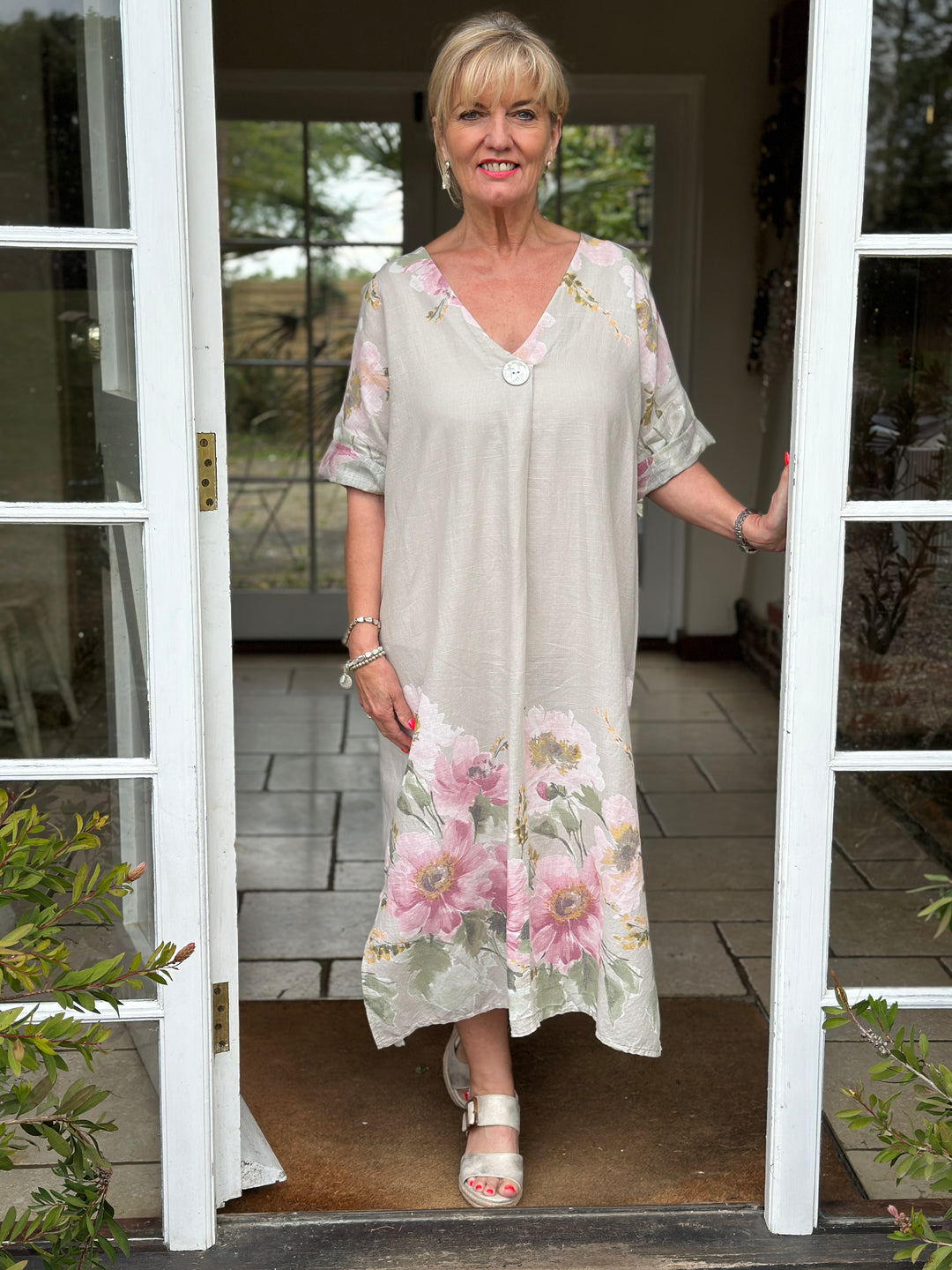 Linen Blend Floral Dress | Light Taupe