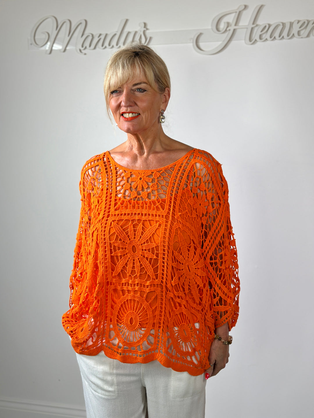 Floral Crochet Batwing Top | Orange