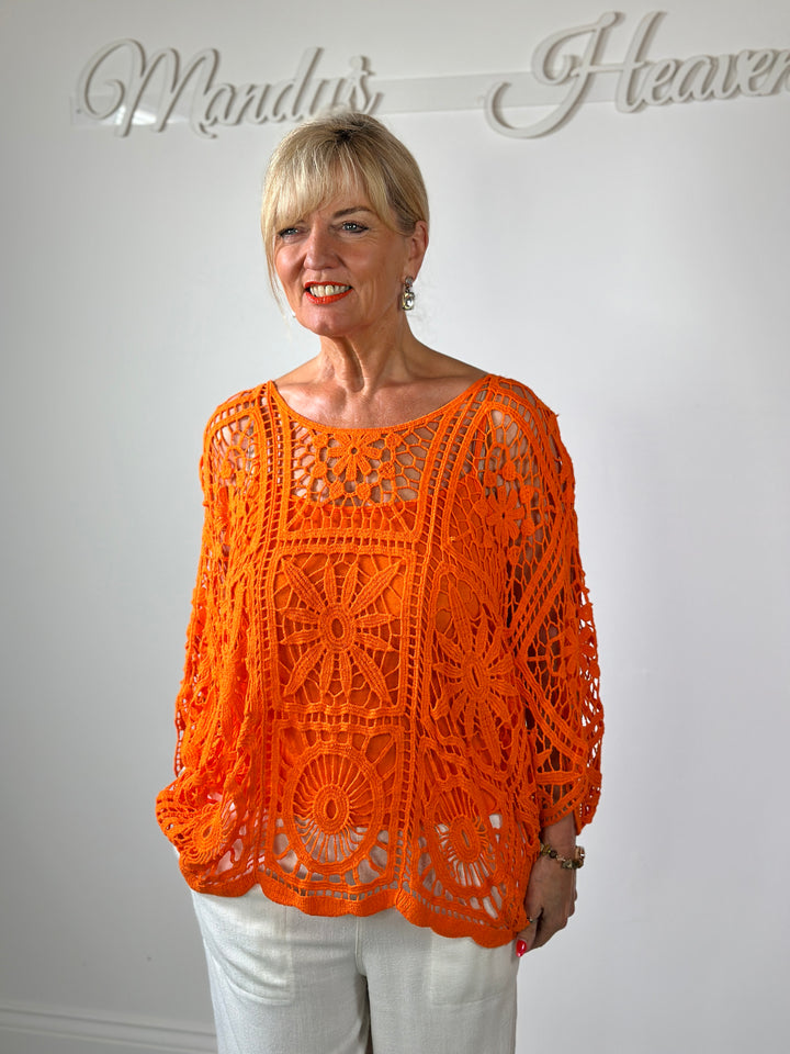 Floral Crochet Batwing Top | Orange