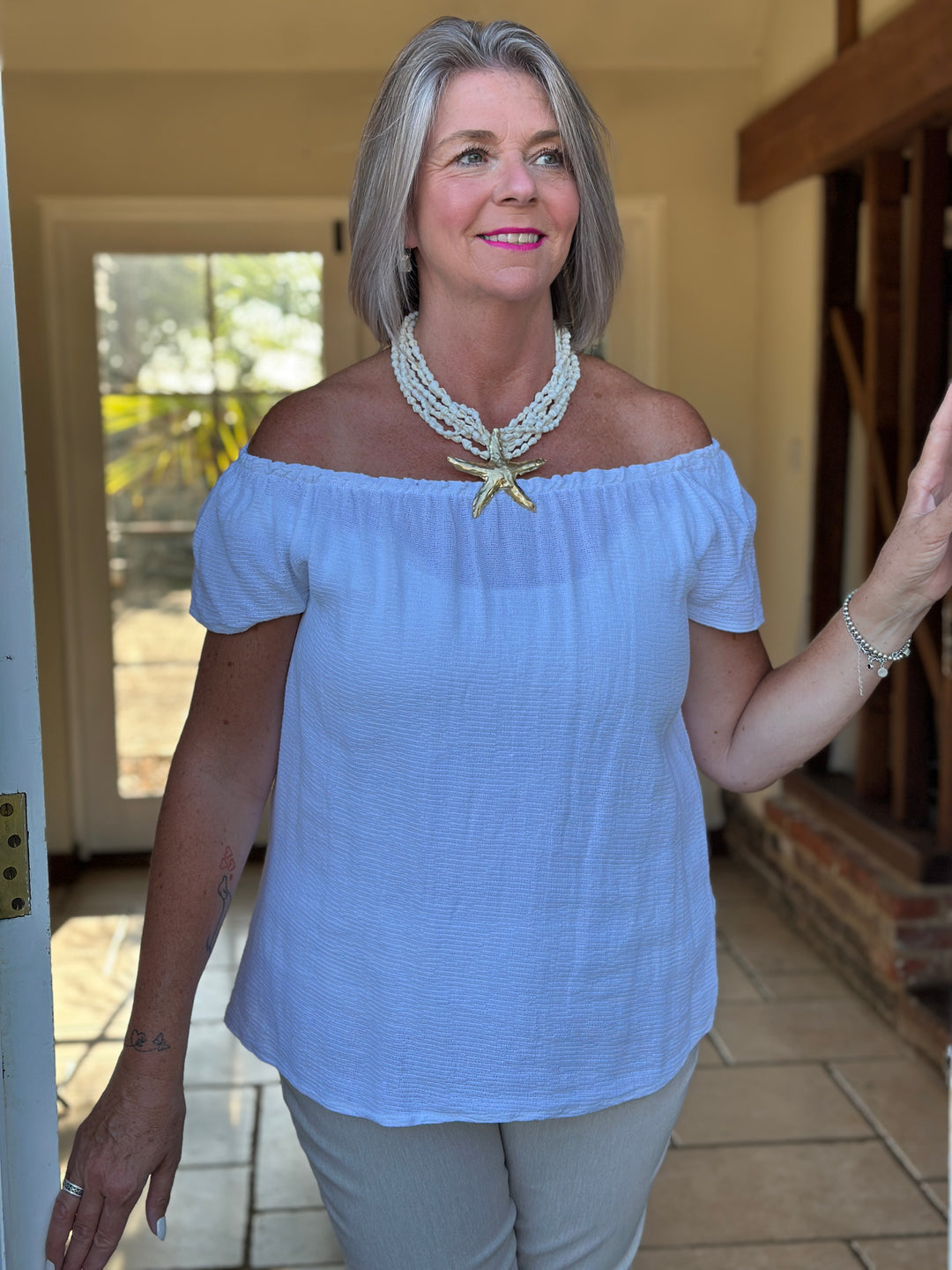 Cotton Linen Bardot Top | White