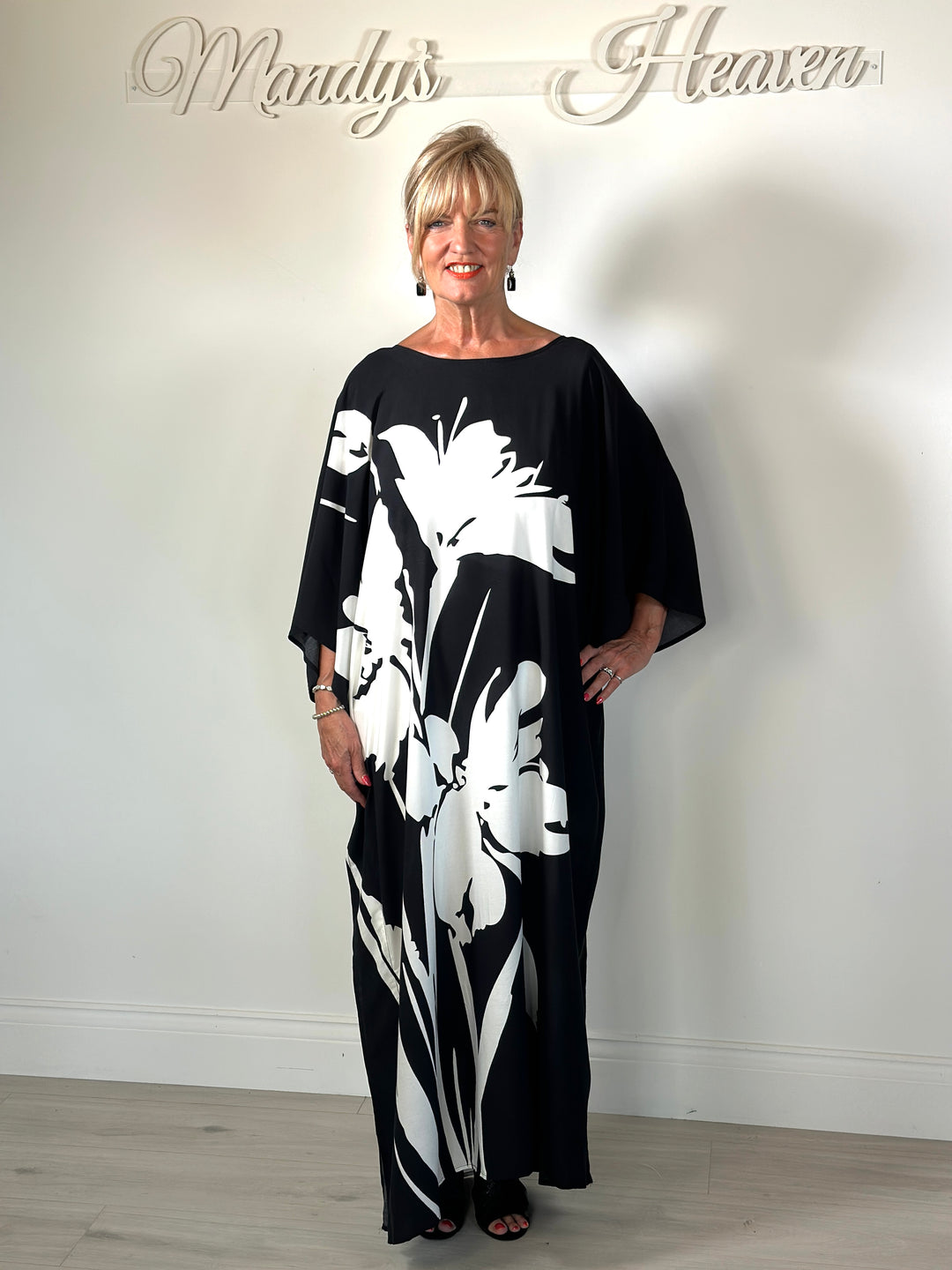Monochrome Floral Kaftan Dress | Black & White