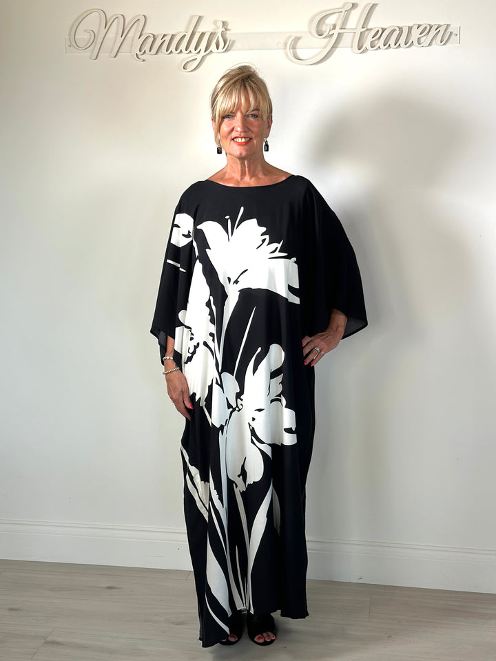 Monochrome Floral Kaftan Dress | Black & White