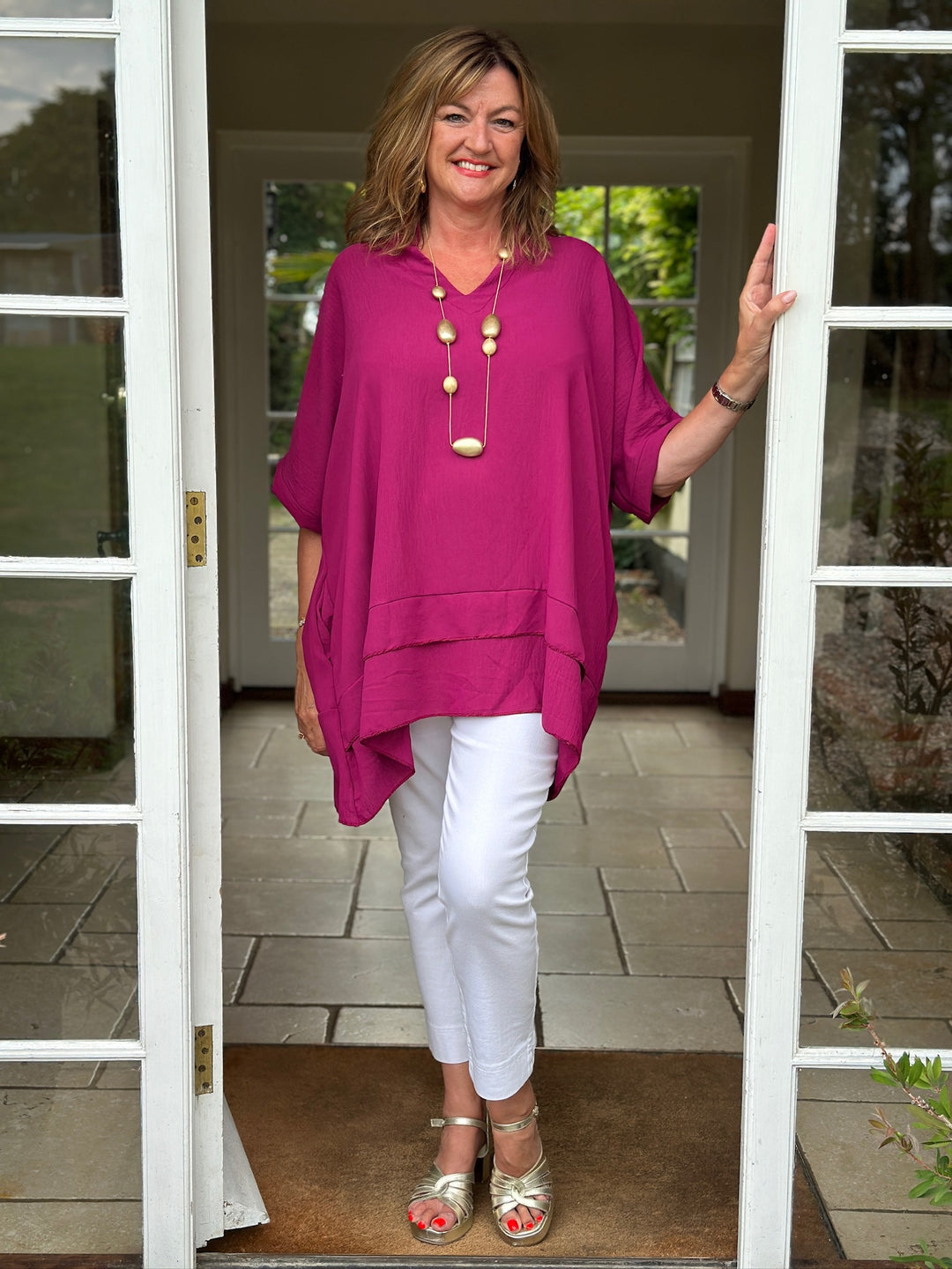 Double Hem V-Neck Batwing Blouse | Magenta