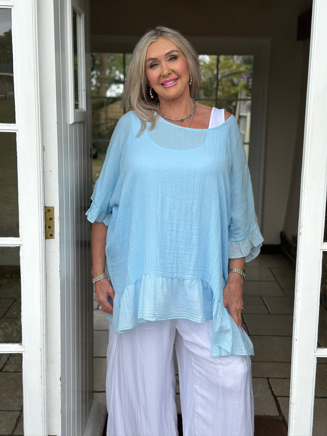 Cotton Ruffle Hem Top | Sky Blue