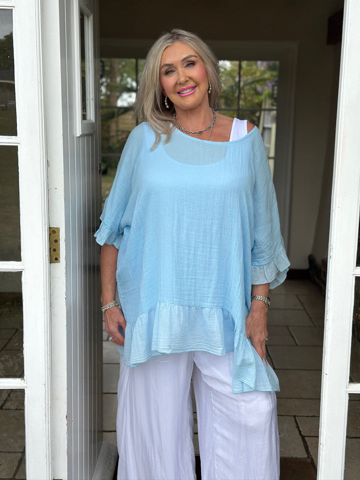 Cotton Ruffle Hem Top | Sky Blue